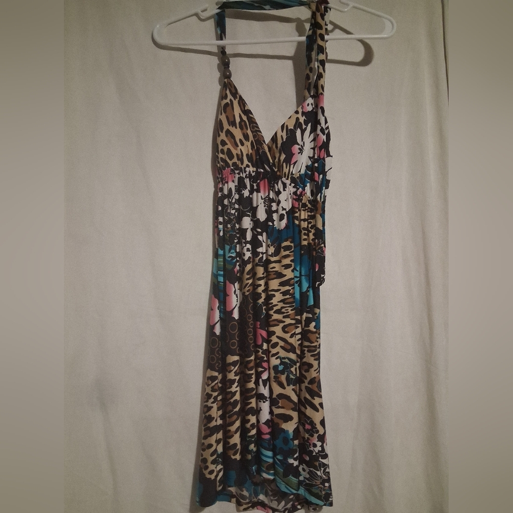 Floral & Leopard Print Dress in Beige, Black & Blue